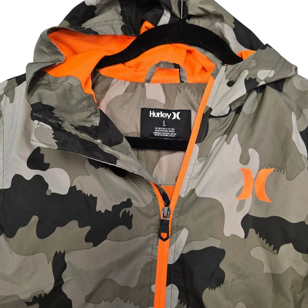 Hurley Boys Large L 12-13 Camo Windbreaker Jacket Neon Orange Zip Hooded